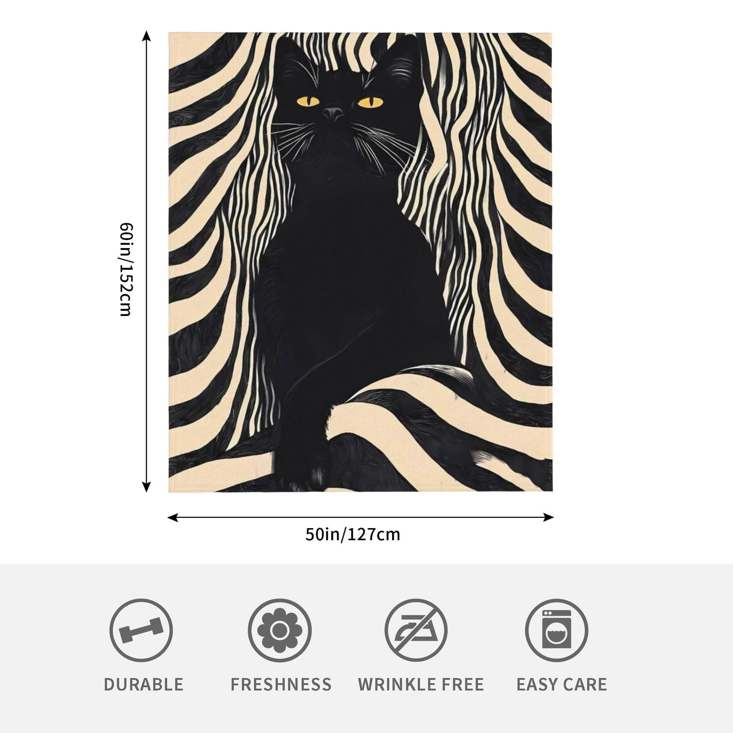 Black Cat Striped Flannel Throw Blanket Soft Cozy Retro Blanket for Living Room Couch Sofa Bed 50 x 60 Inches