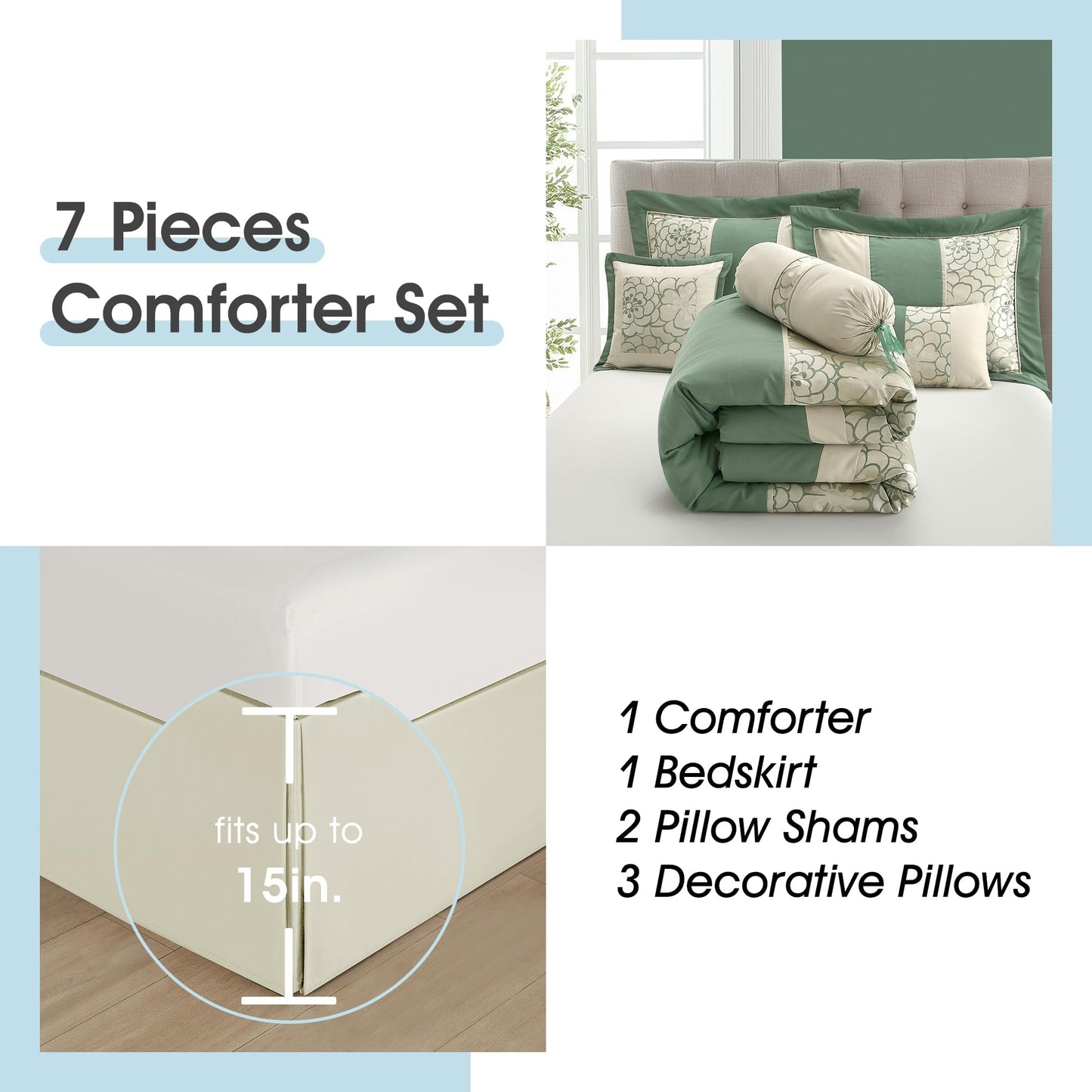 LANCO MODERN LIFESTYLE 7 Piece Queen Comforter Set, Green, Elegant Floral Jacquard, Stylish and Cozy Bedding Collection, Premium Bedding Set with Bedskirt, Shams and Pillows