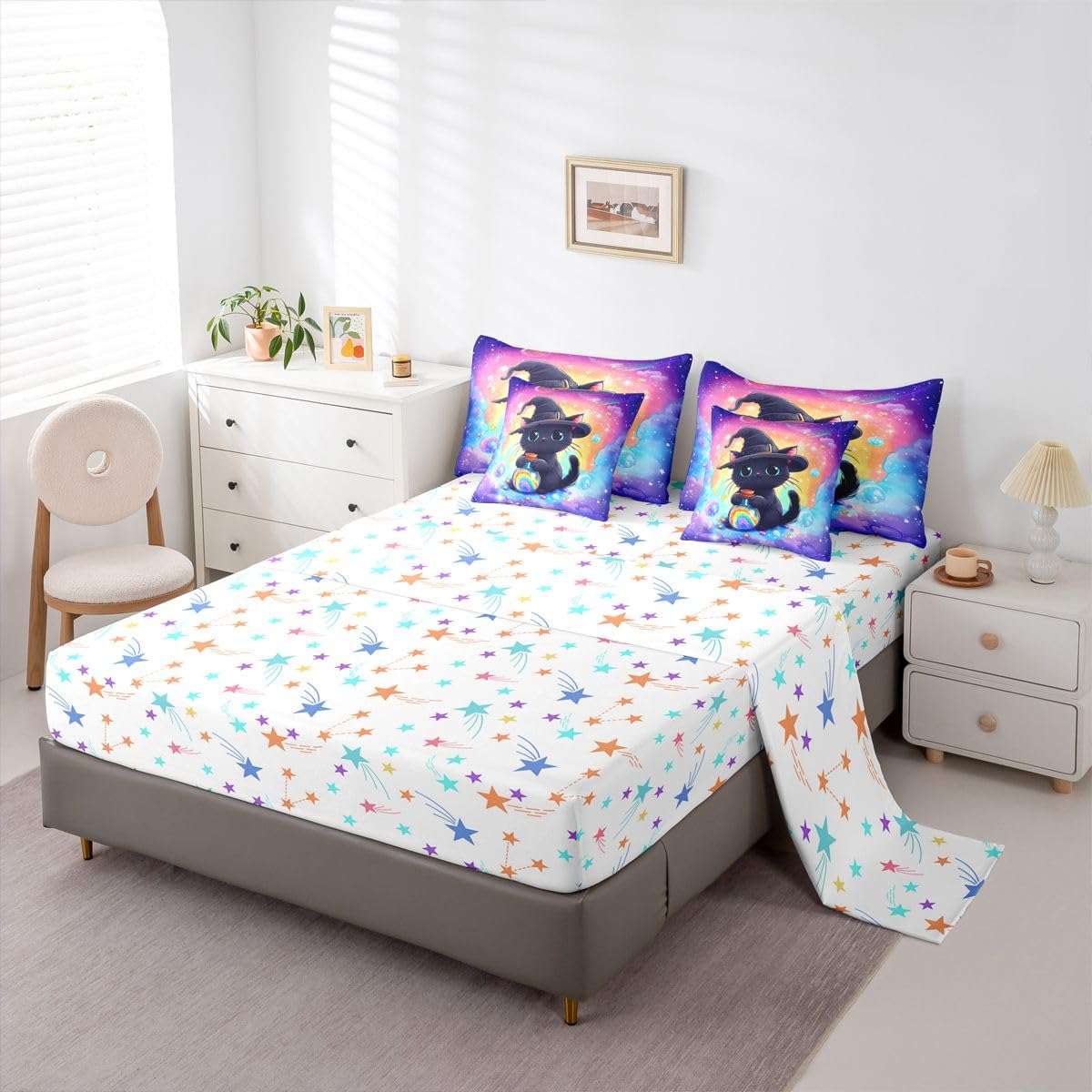 Feelyou Black Cat Comforter Set with Sheets 7 Piece Twin Size Cute Kitten Bed in a Bag Kids Boys Girls Rainbow Bedding Set Cute Animal Bedroom Decor Breathable Soft Lightweight Microfiber