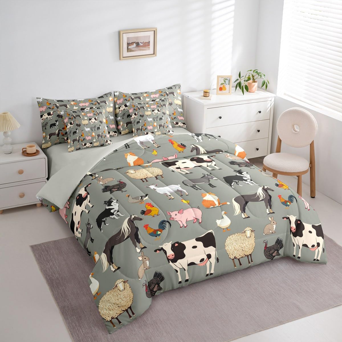 Erosebridal Farm Animals Comforter Sets with Sheets, Cartoon Animal 7 Piece Bedding Set for Kids Boys Girls Cute Farmhouse Animal Bed in A Bag Funny Horse Sheep Cow Bed Set Queen, Grey
