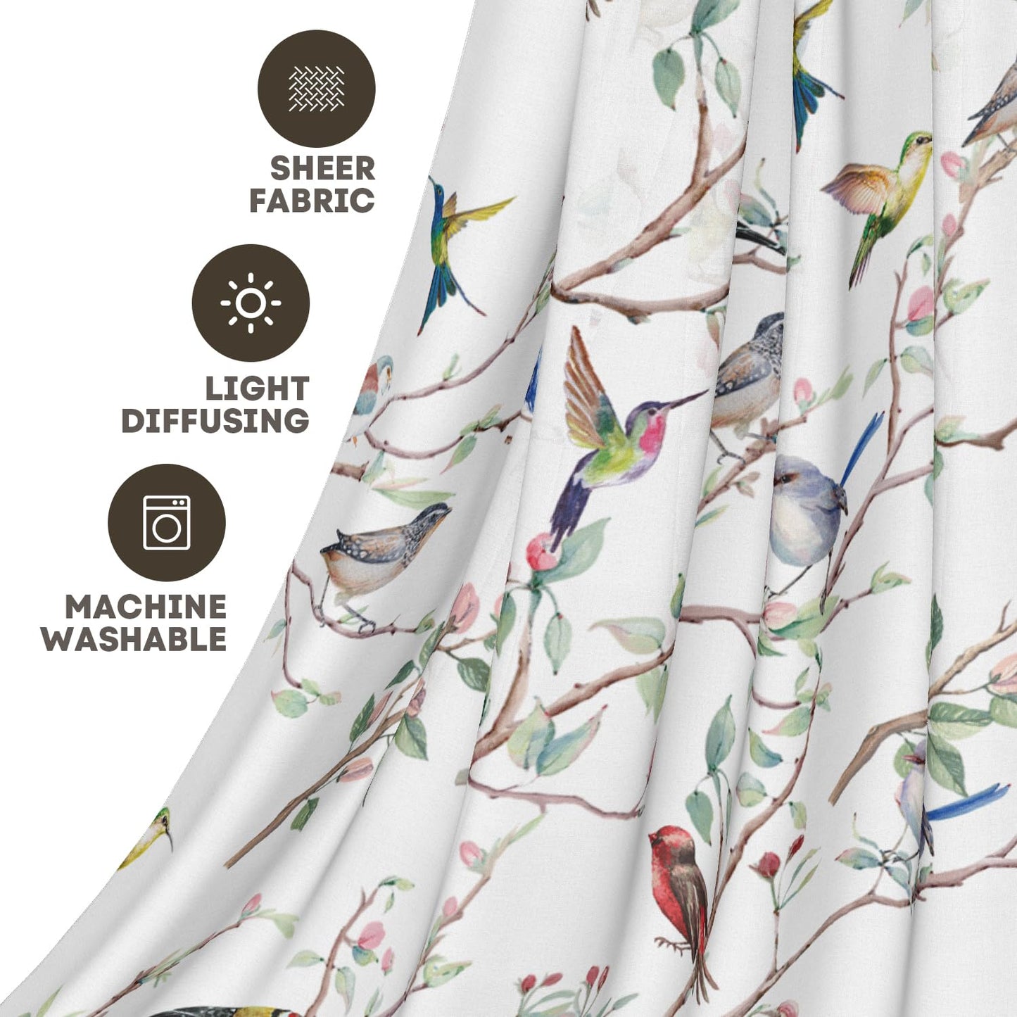 Horaldaily Outdoor Sheer Curtains for Living Room and Bedroom, Birds Branch Floral Window Curtains, Holiday Window Drapes Decor, 52" W x 84" L, Set of 2 Curtain Panels