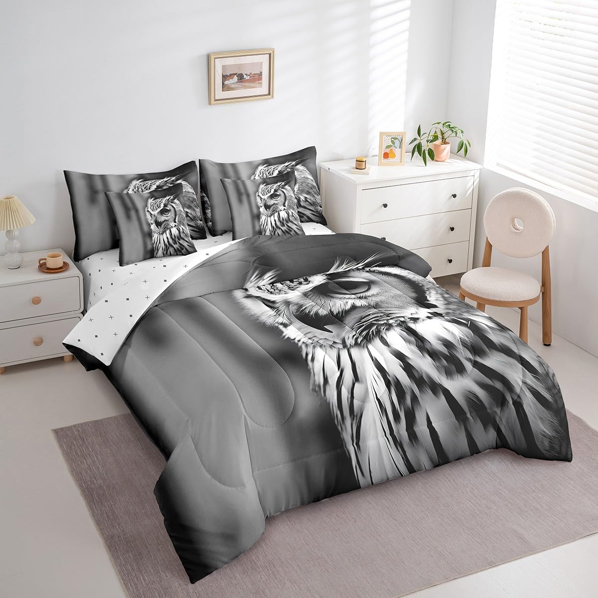 Erosebridal 7-Piece Owl Animal Comforter Set Queen Size, Owl Bed in a Bag Bedroom Comforter with Sheets (1 Comforter, 1 Flat Sheet 1 Fitted Sheet 2 Pillowcases and 2 Pillow Shams), Black Grey