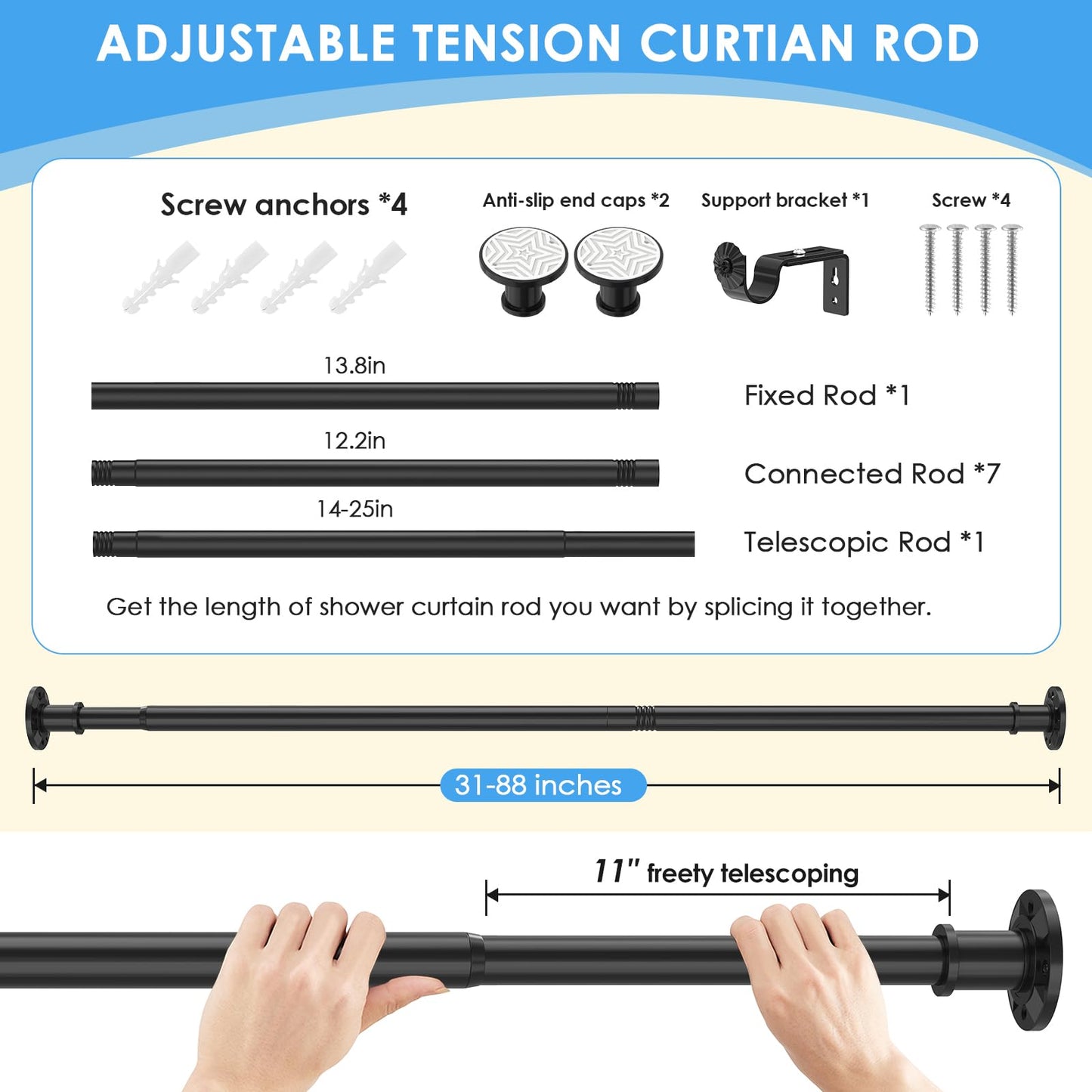Outdoor Tension Rods 31-132 In(11ft) Adjustable No Drilling Black Long Shower Curtain Rods for Bathroom Patio Stainless Steel Rustproof Heavy Duty Thick Spring Rod Balcony Window Apartments Non Slip