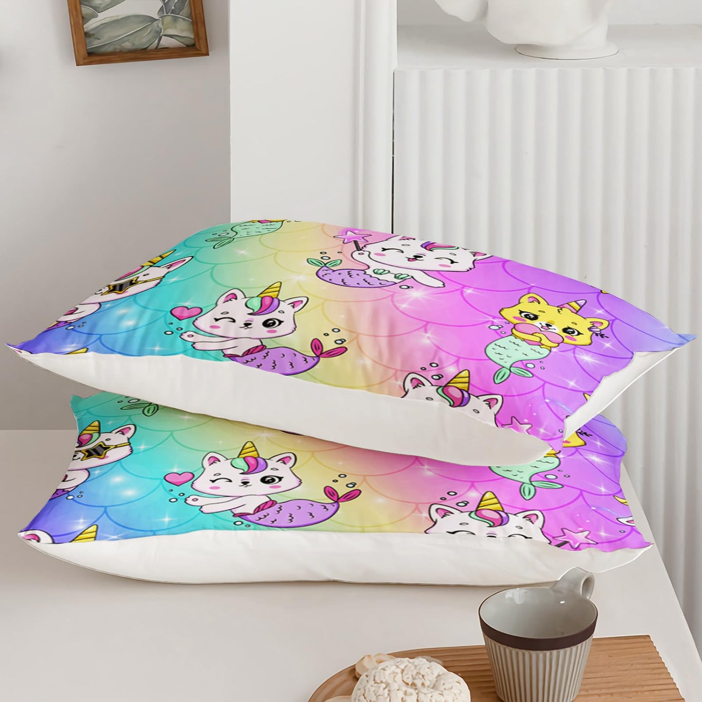 Axolotl Kawaii Unicorn Cat Sheets Set Twin,Rainbow Cartoon Cat Sheets Set,Mermaid Scales Bedding Set for Girls,Cats Bed Set,1 Flat Sheet 1 Fitted Sheet 2 Pillowcases,Pink Blue