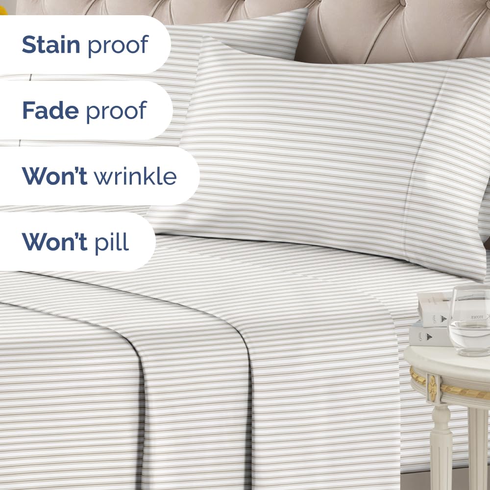 Grey Striped Sheets - 1 Flat & 1 Fitted Sheet & 2 Pillowcases w/ Deep Pockets - Comfy, Cozy, Wrinkle & Fade Resistant - Ultra Soft, Breathable and Cooling - Luxury Pinstripe Bedding - Full Size