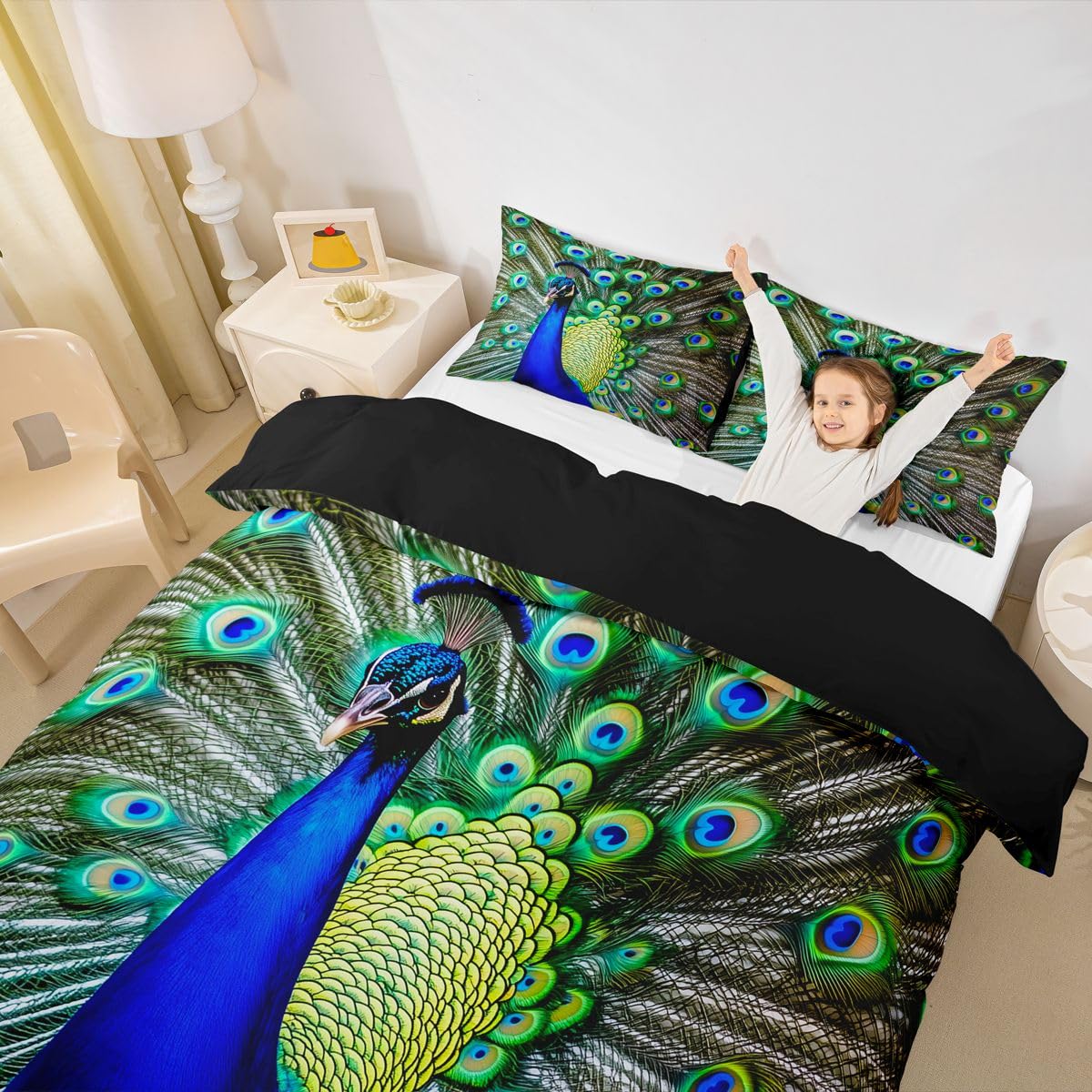 Peacock Duvet Cover King Size Green Cute Animal Pattern Bedding Set Peacock Feather Printed Decor Comforter Cover Set with Zipper Ties Adult Women Soft Quilt Set,1 Duvet Cover with 2 Pillow Cases