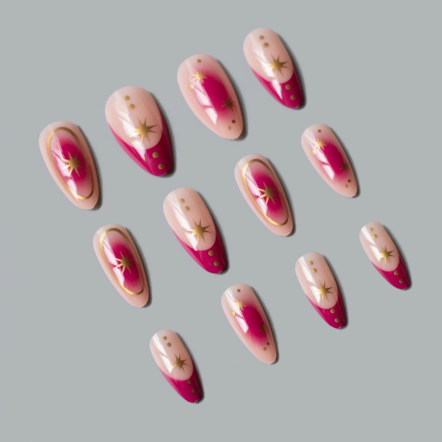 BABALAL Purple Press on False Nails Medium Almond Fake Nails Ombre Glue on Acrylic Nails French Tip Y2k Star Design Supplies 24Pcs Full Cover for Women Girls