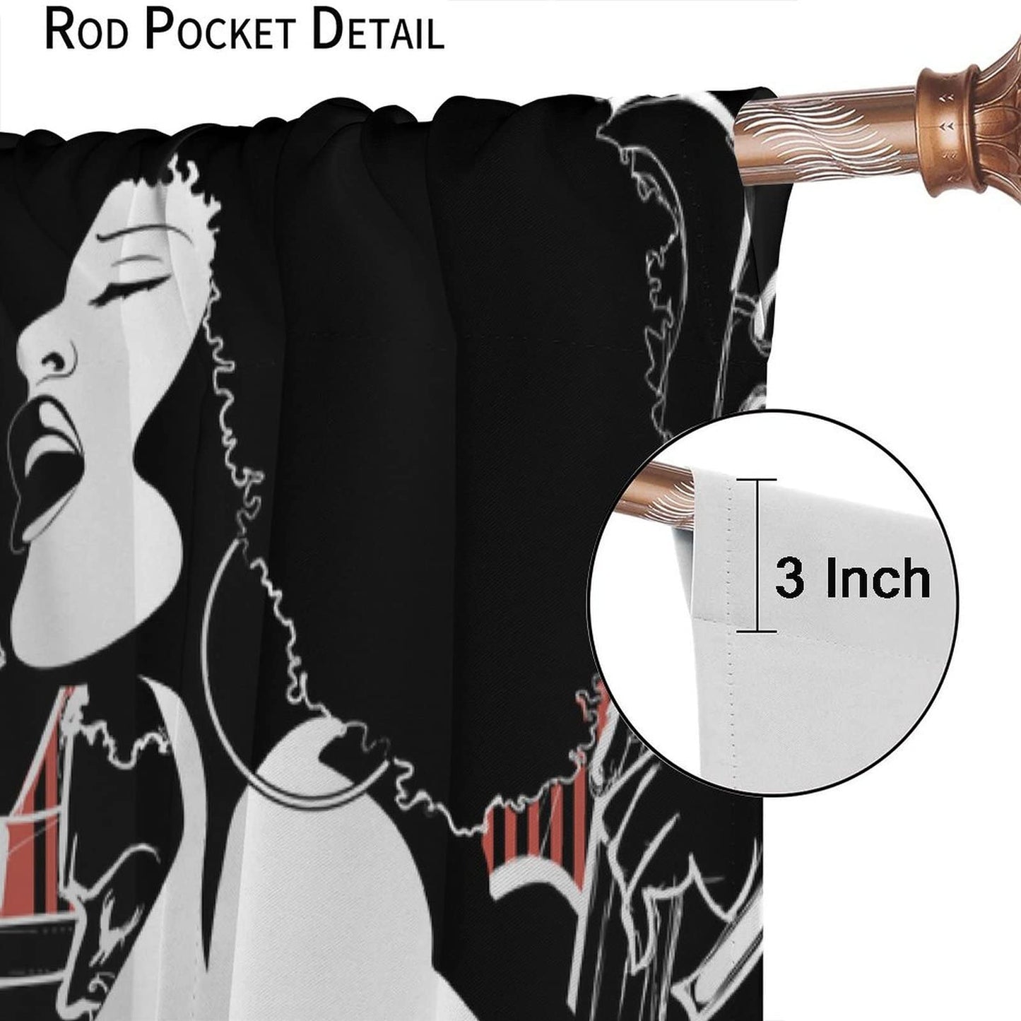 Modern Abstract African American Curtains, Jazz Band Afro Black Woman Singer Performer Silhouette, Thermal Insulation Blackout Window Treatments Rod Pocket for Living Room Bedroom Bathroom 42x45in