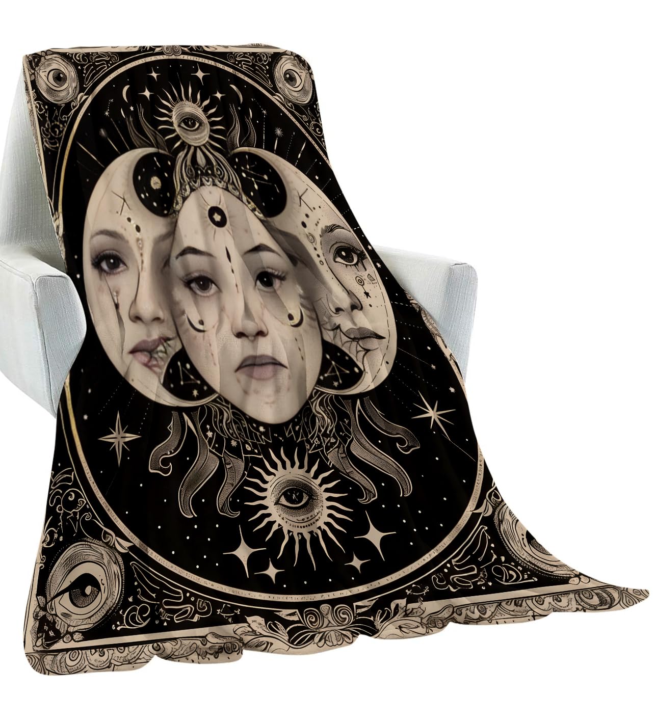 amepay Celestial Face Blanket Gifts for Kids Adult Women,Gothic Mystical Cosmic Sun Moon Throw Blankets,Soft Comfy Lightweight for Room Couch Bed Sofa Bold Decor,Spiritual Lovers 60x50in