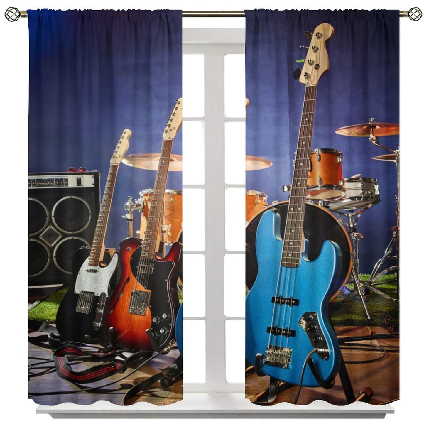 Djaby Music Themed Guitar Curtain, Rock Music Drum Kit Musical Instruments Print Window Drapes for Bedroom Living Room 42" W X 45" L(No Blackout)