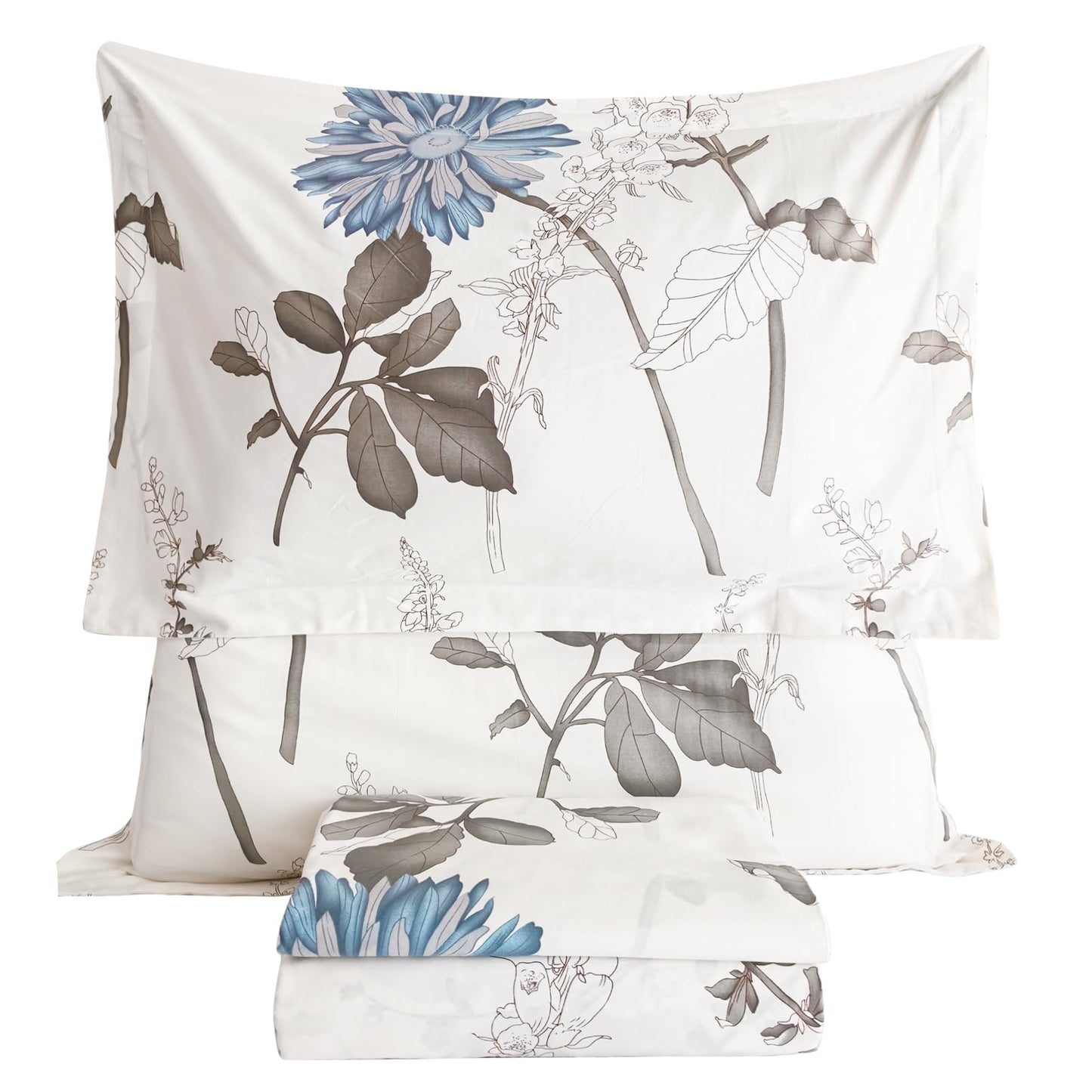 QSH 100% Cotton Sheets for Queen Size Bed, White Floral Plant Pattern Botanical Luxury Cotton Printed Floral Bedding Sheets Queen Soft and Breathable 4pcs Deep Pocket Queen Sheet Set