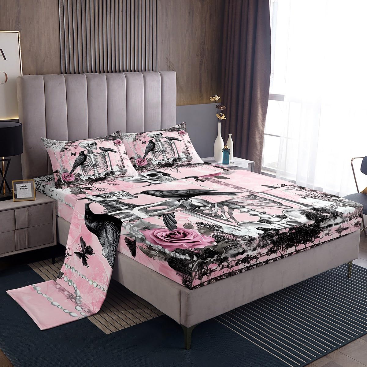 Erosebridal Gothic Crow Bed Sheets Set Full Raven Bird Flat Fitted Sheet Skull Skeleton Bones Bed Set for Kids Adult Women Men Bedroom Decor,Pink Halloween Horror Bedding Sets with 2 Pillow Cases