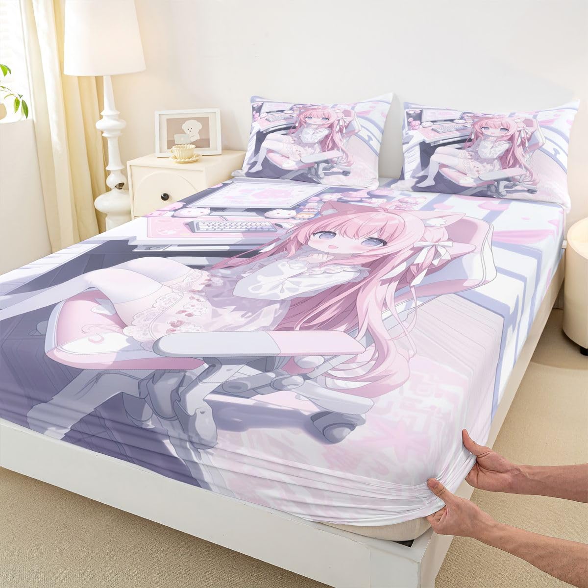 Erosebridal Kawaii E-Sports Girl Sheets Twin for Kids 3D Japanese Girl Sheet Set for Boys Girls Girly Gaming Bed Sheets Set Anime Gifts for Her Top Fitted Sheet Twin 3 Pieces