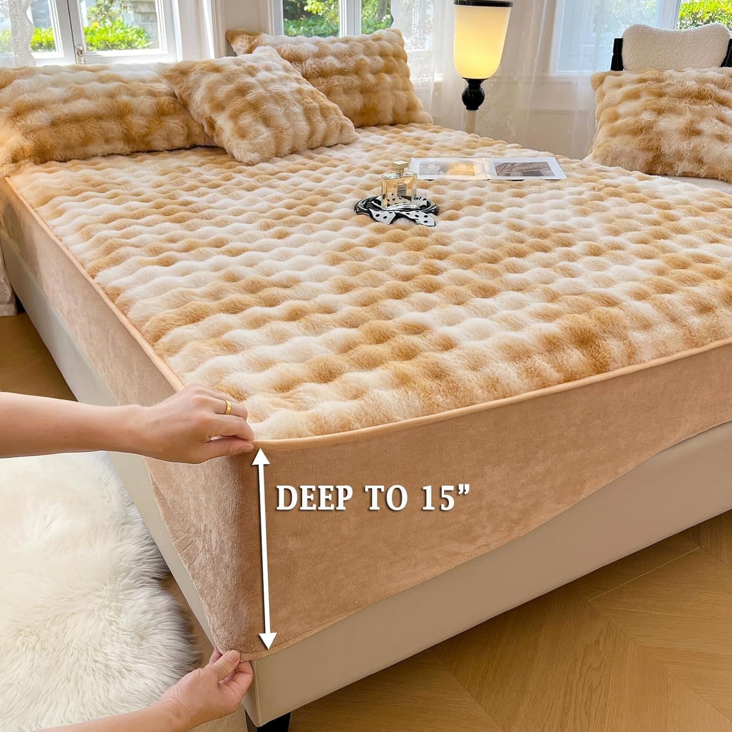 ZIQINPSQ Plush Shaggy Fitted Sheet Full Size-Velvet Fitted Sheet Faux Fur Bottom Sheet with 15" Deep Pocket, Flannel Warm Tie Dyed Mattress Cover,No Pillowcases,Gold