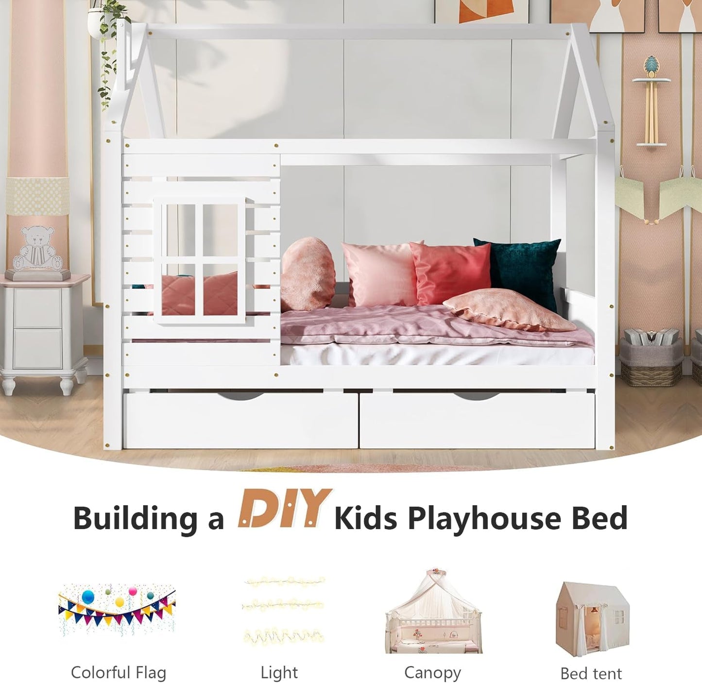 HUMEHA Full Size House Bed for Kids with 2 Storage Drawers, Full Playhouse Bed Frame with Roof and Window, Kids Full Size Bed Frames with Slats, Modern Wooden Montessori Bed for Bedroom, Full-White