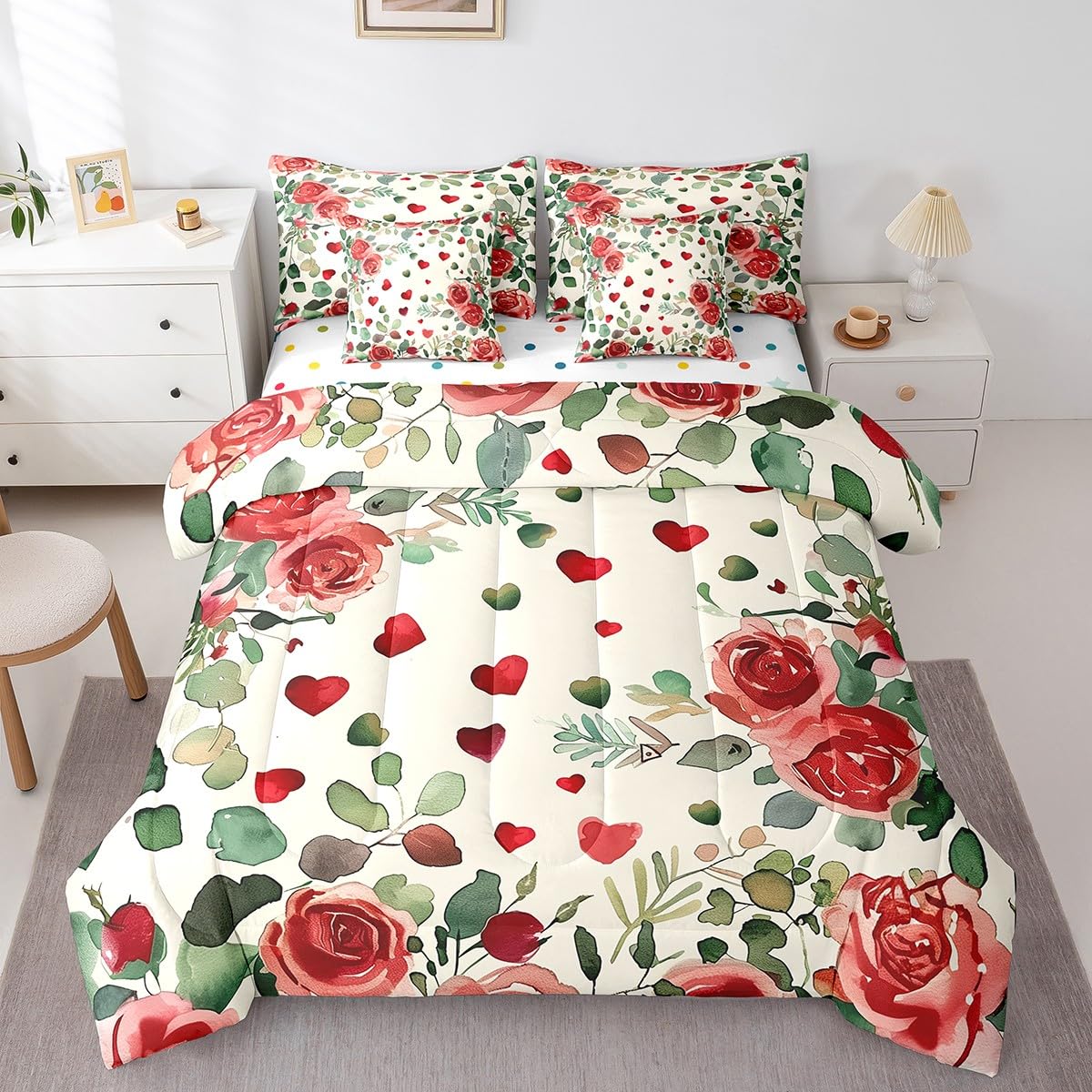 Erosebridal Valentine Rose Queen 7 Piece Bedding Set - Romantic Red Love Roses Floral Comforter Set with Sheets for Kids Adults Couple Room Decor, Green Leaf Bed in a Bag with Fitted + Flat Sheet