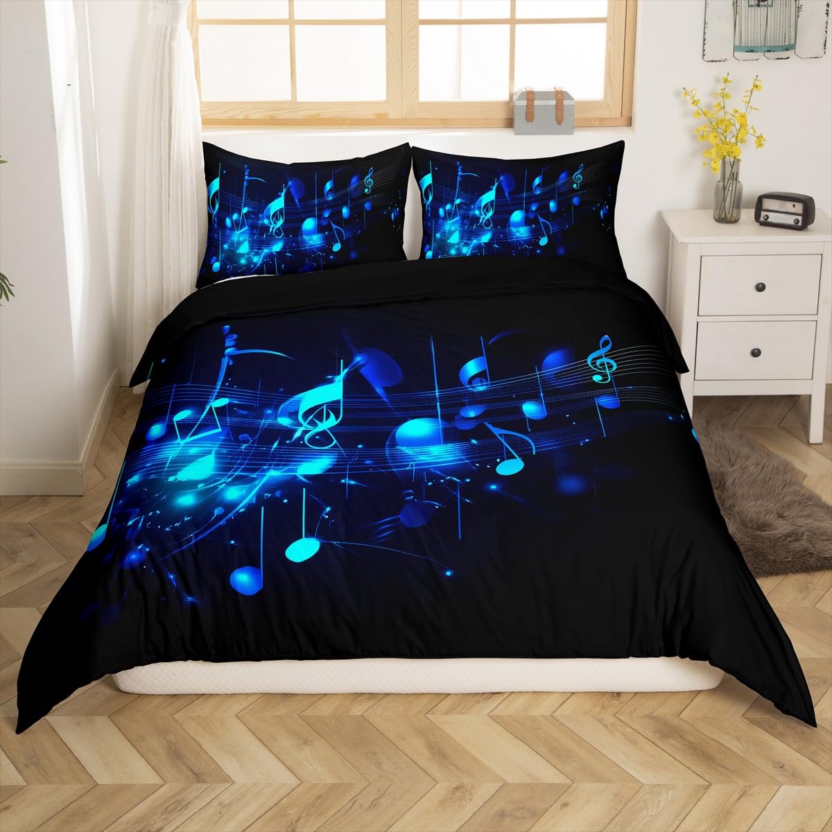 Erosebridal Music Note Duvet Cover Full Size Music Theme Blue Comforter Cover for Teen Boys Kids Girls,Musical Notes Bedding Set Geometric Striped Pattern Bed Set with 2 Pillowcases