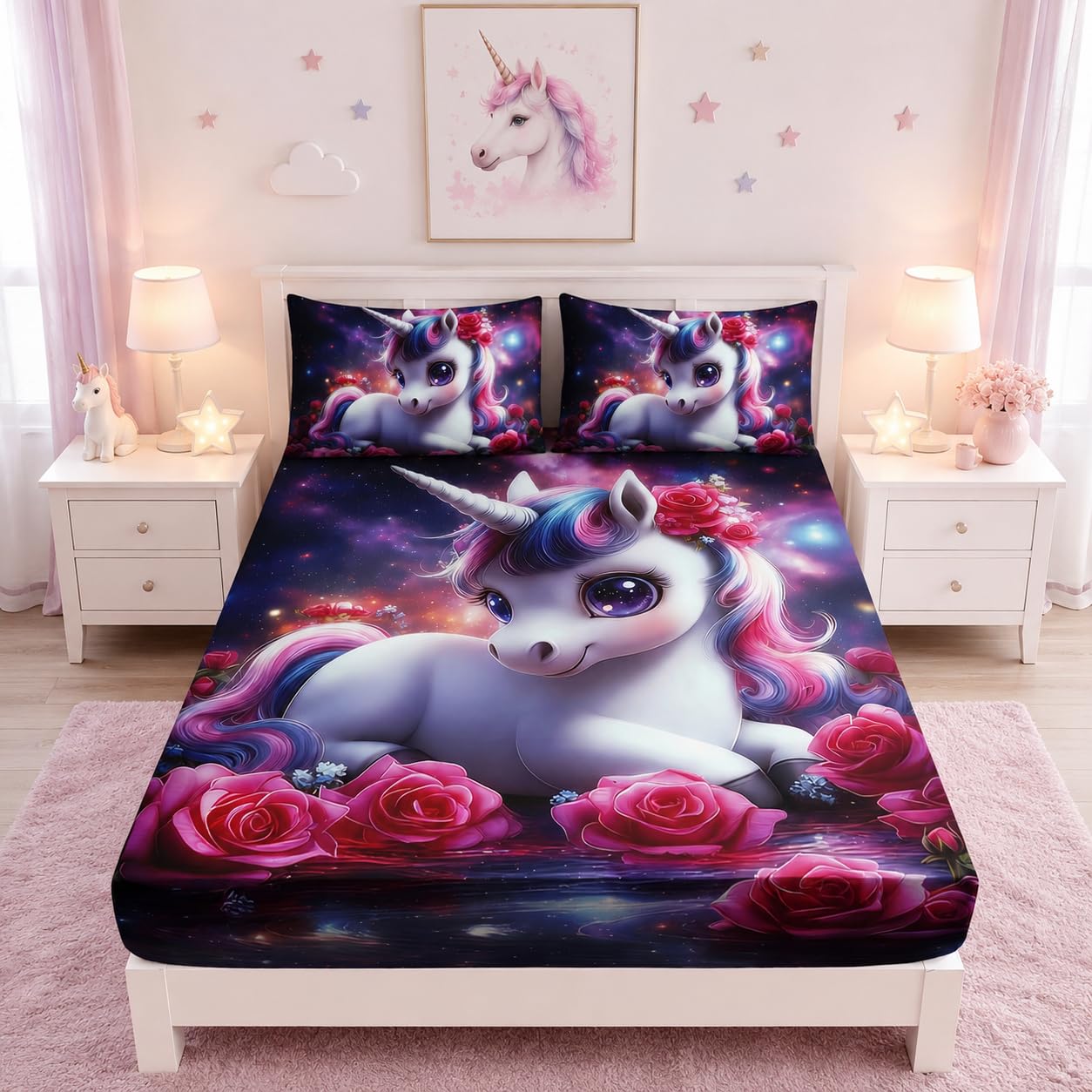 UEVBF Girls Unicorn Twin Size Bedding Set,Red Rose Flowers Fitted Sheet Set for Kids Teens Room Decor,Romantic Starry Sky Galaxy Cute Bedding Sets,1 Fitted Sheet+2 Pillowcases.