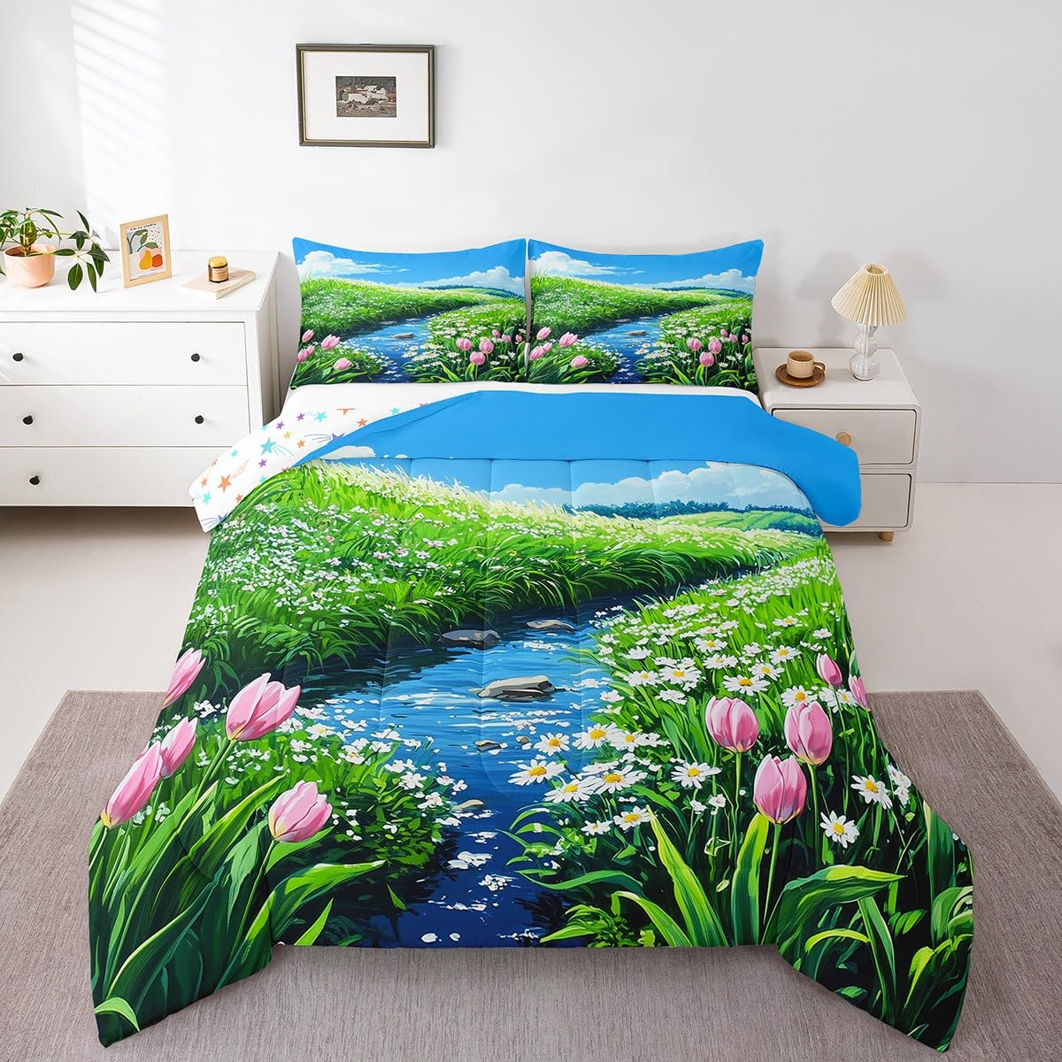 jejeloiu Cute Anime Floral Bedding Set 2Pcs Twin Size Kids Tulip Floral Comforter Set for Boys Girls Flower River Duvet Quilt Soft Lightweight,Microfiber