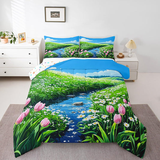 jejeloiu Cute Anime Floral Bedding Set 2Pcs Twin Size Kids Tulip Floral Comforter Set for Boys Girls Flower River Duvet Quilt Soft Lightweight,Microfiber