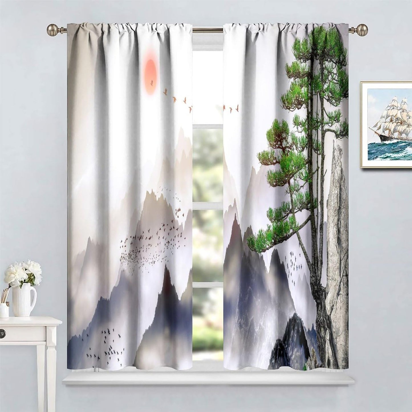 Asian Kitchen Curtains Traditional Chinese Ink Landscape Painting Green Branches and Animal Birds for Living Room Bedroom Blackout Privacy Noise Reduction Curtains 42x45 Inches 2 Panels