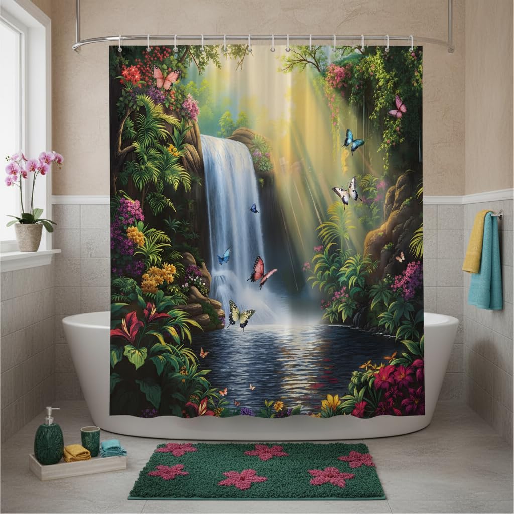 EUBTPA Tropical Waterfall Shower Curtain with Butterflies and Colorful Jungle Flowers, Nature Scenery Bathroom Decor Polyester Fabric Curtains 70X70 Inch