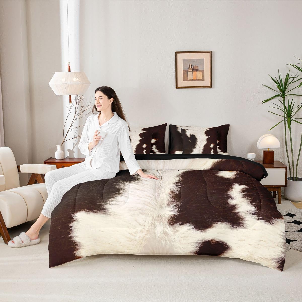 Erosebridal Cow Print Twin Bedding Set 7 Piece for Boys Western Cowhide Bed in A Bag for Kids Teens Youth Adult Animal Skin Comforter Set with Sheetrustic Farmhouse Bed Sets