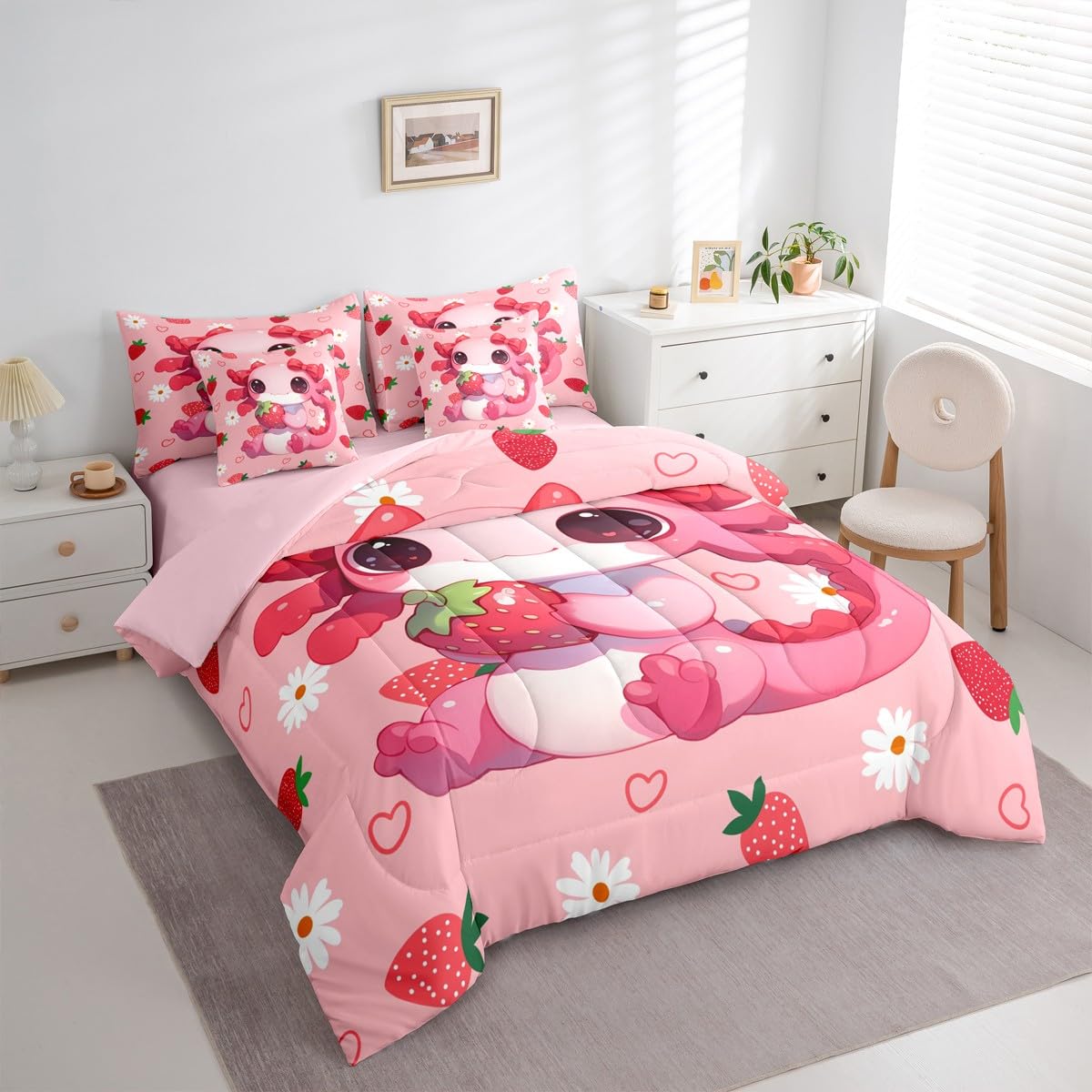 Erosebridal Cute Axolotl 7 Pieces Bedding Set Queen Size for Teen Girl | Pink Strawberry Bed in A Bag Kids Cartoon Daisy Floral Flower Comforter Set with Sheets Kawaii Animal Axolotl Quilt Set
