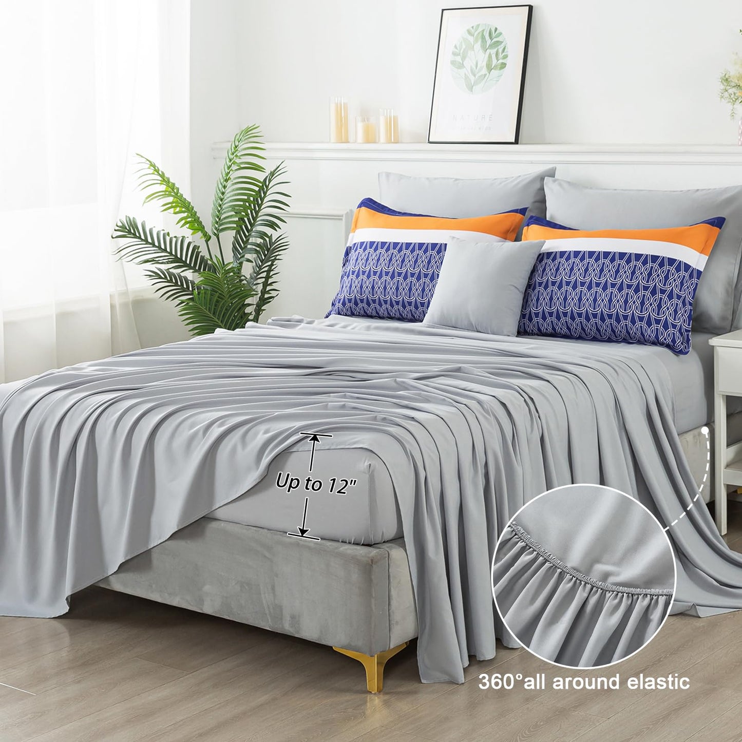 8 Pieces Bed in a Bag Stripe Comforter Set Queen Size,Blue Patchwork Striped Comforter with Sheets Set Soft Microfiber Boho Bedding Sets (Blue,Grey)