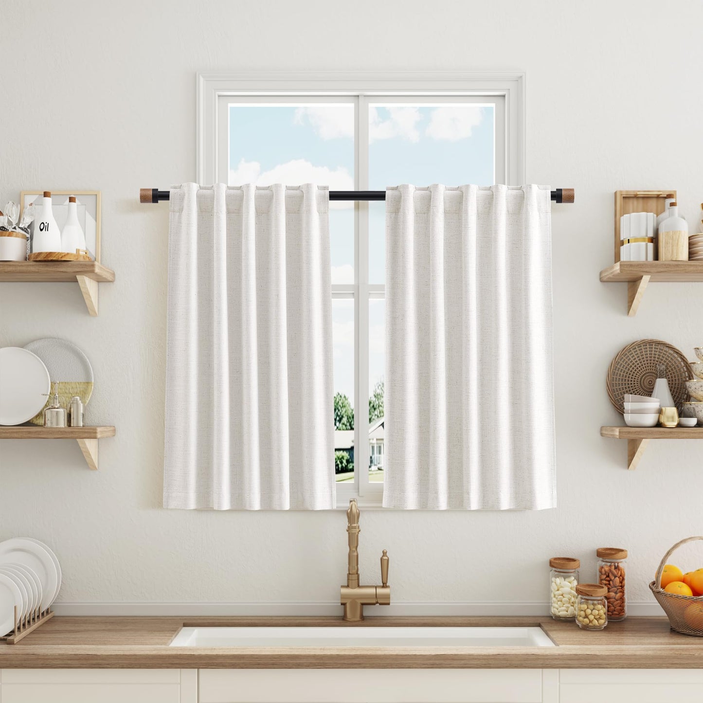 Nanspring 100% Blackout Kitchen Linen Curtains Back Tab Small Drape 36 Inch Length Privacy Natural Elegant Short Black Out Cafe Curtain Tier for Thermal Insulated Bedroom Cabinet Cream Ivory 30x36