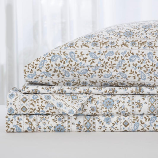 DAUAOTO Full Size Printed Sheets Set, 100% Cotton Bedding Sets, Up to 14" Deep Mattress, Vintage Cottagecore Pattern Bedlinen Set, Flower Blue