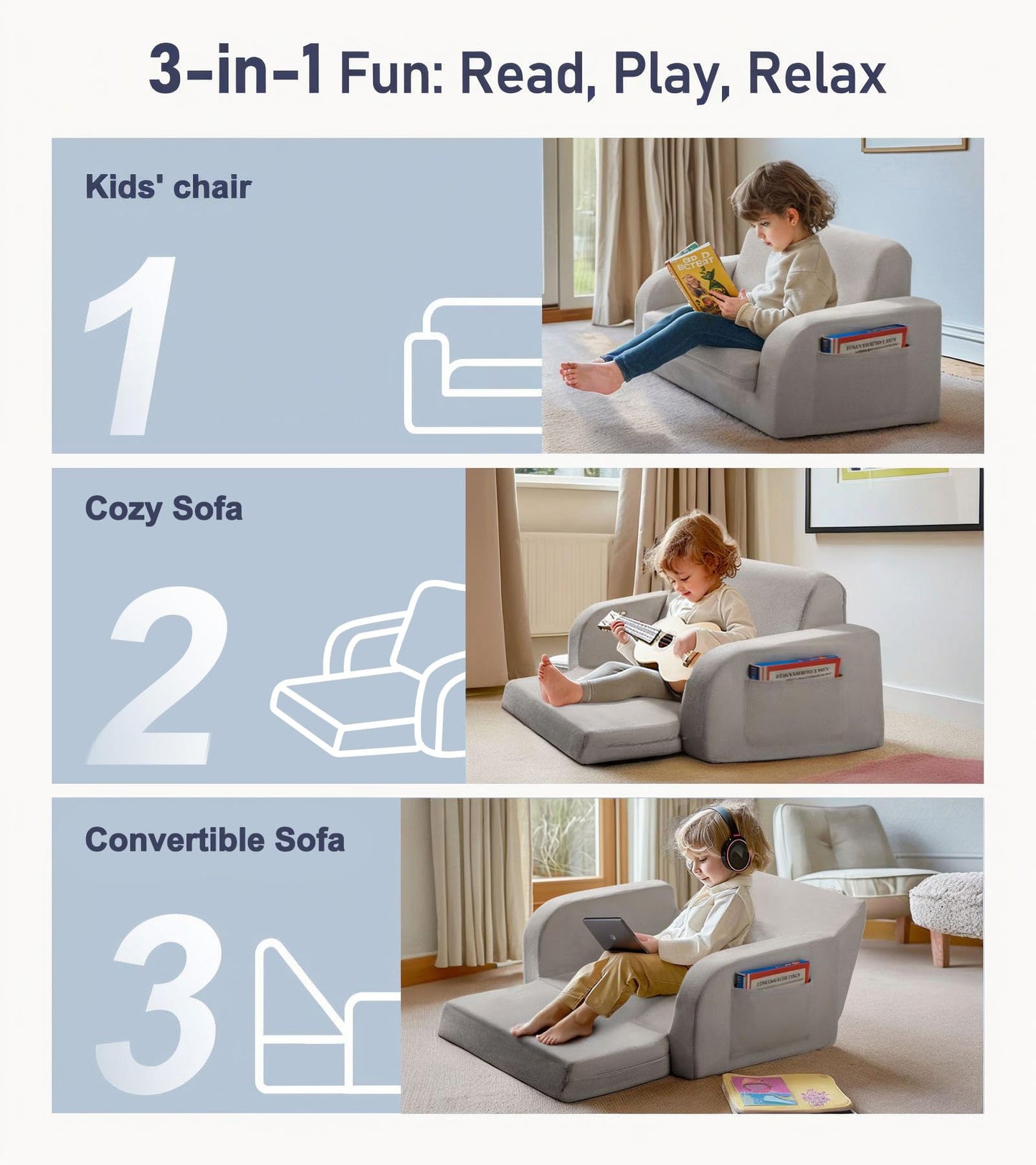 little dove 3-in-1 Extra Wide Convertible Kids Couch, Flip Open Kid Sofa, Machine-Washable Kid Couch for Girls, Kids Sofa for Fun Playtime, Gray