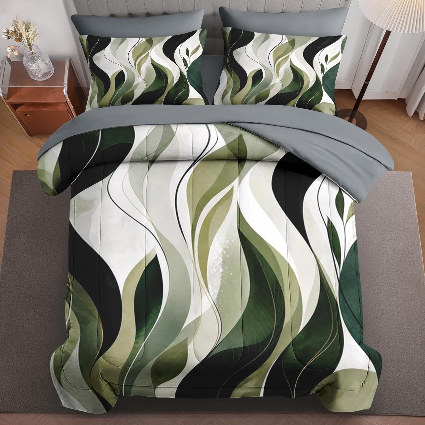Boewywh Comforter Set Twin Size Abstract Botanical Sage 7 Pcs, Bedding for Kids and Adults, Modern Leaf Bed Sheet Sets with Fitted Sheet 2 Pillowcases & 2 Shams for Bedroom Bed Decor