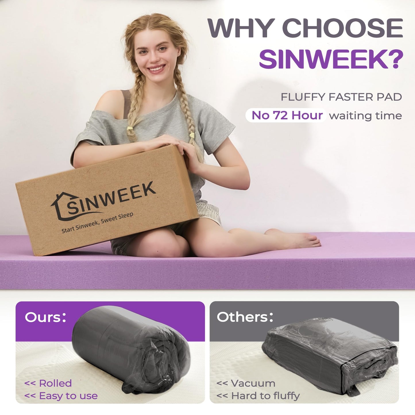 SINWEEK Dual Layer 5 Inch Memory Foam Mattress Topper Queen Size, 2 Inch Gel Memory Foam Plus 3 Inch 1450 GSM Down Alternative Quilted Pillow Top Mattress Pad Cover, Dark Gray
