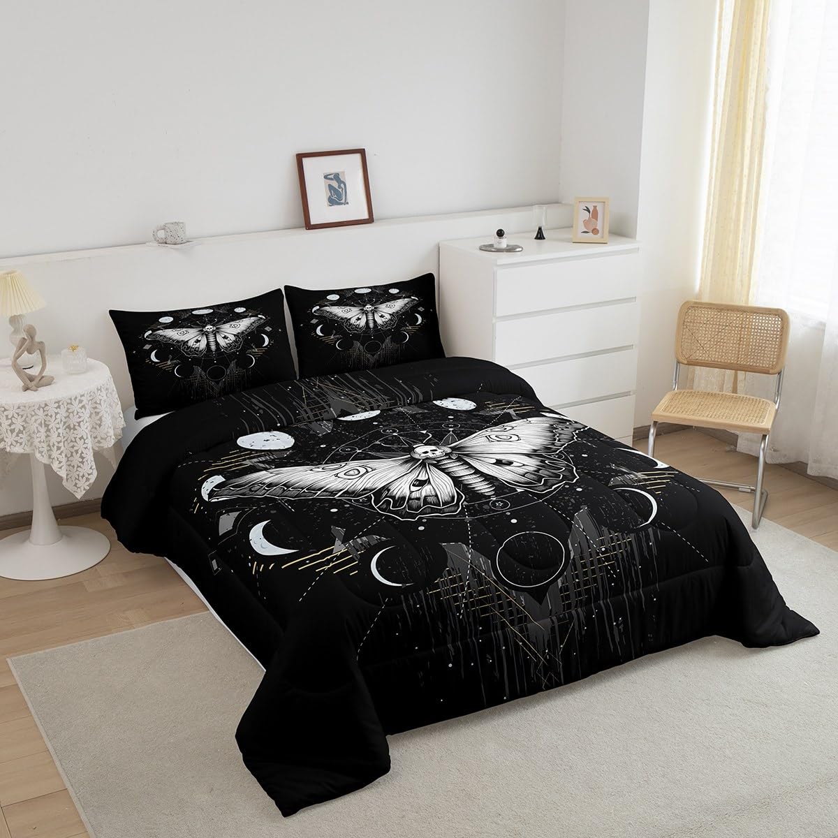 Manfei Death Moth Comforter Set Twin Size Galaxy Sun and Moon Duvet Insert Boho Gothic Skull Bedding Set 2pcs for Kids Boys Teens Room Decor Black and White Quilted Duvet with 1 Pillowcase