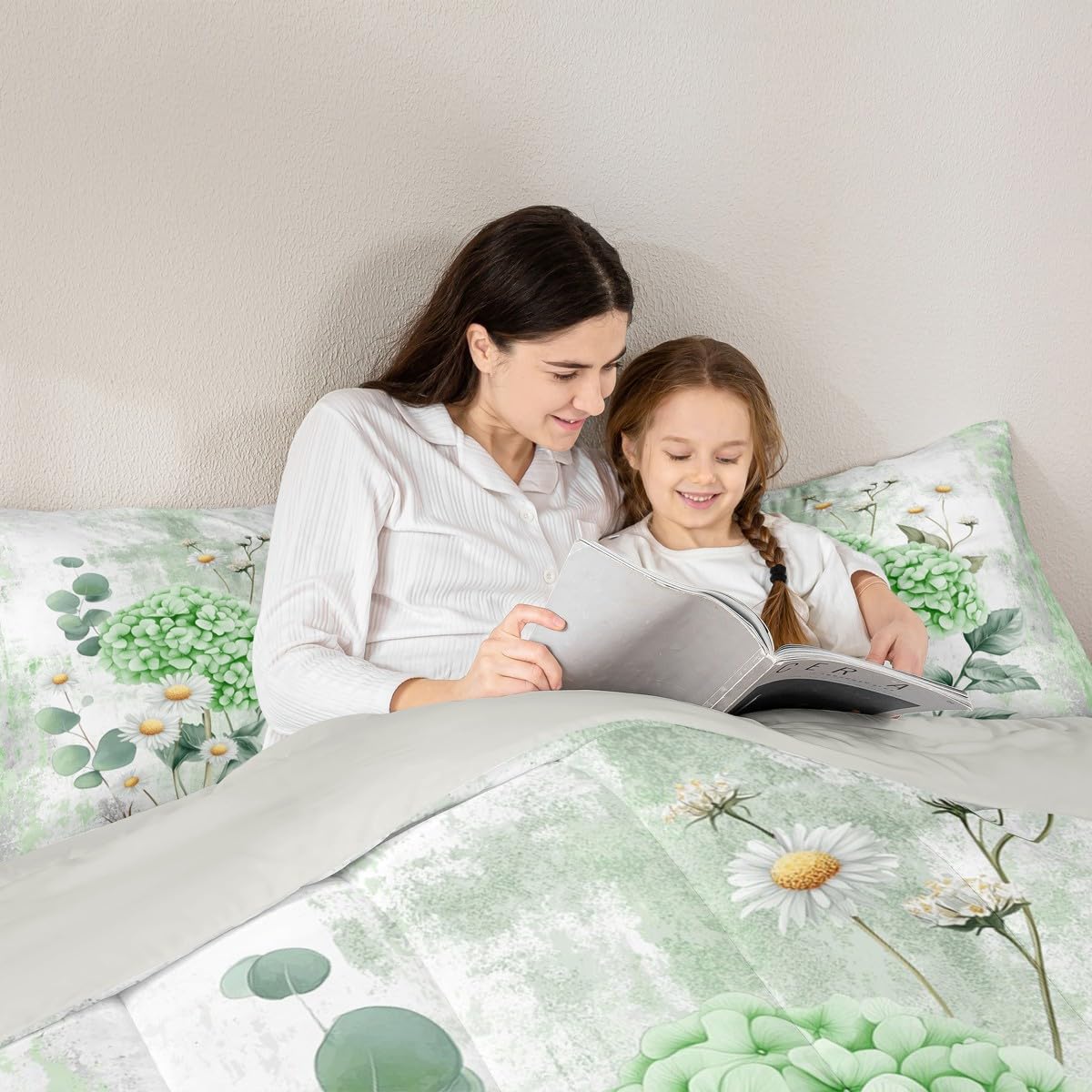 Erosebridal Green Hydrangea Flower Queen Comforter Set Spring Blossom Bedding Set Abstract Oil Painting Bed Set Watercolor Floral Rustic Farmhouse Quilt Set Ombre Green Grey Design for Adults