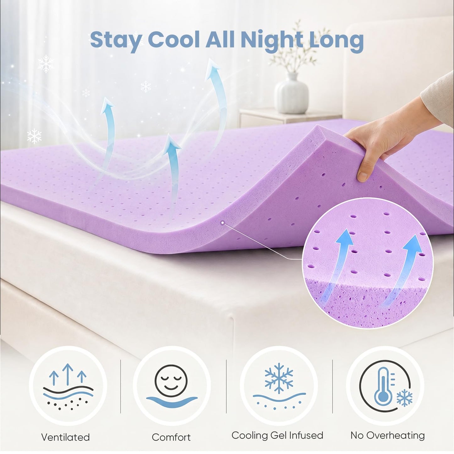 DUMOS 1.5 Inch Cooling Memory Foam Mattress Topper King, Gel Ventilated Soft Pressure Relief Mattress Pad, Breathable Bed Topper for Bedroom, RV, Camper and Sleeper Sofa, CertiPUR-US Certified, Purple