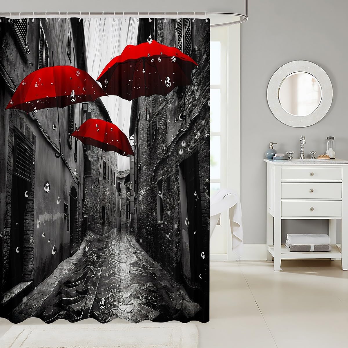 Red Umbrella Shower Curtain Black and White Bath Curtains European French City Landscape Fabric Bathroom Decor Romantic Modern Paris Art Creative Bathtub Curtain,Hotel Machine Washable,72Wx72L