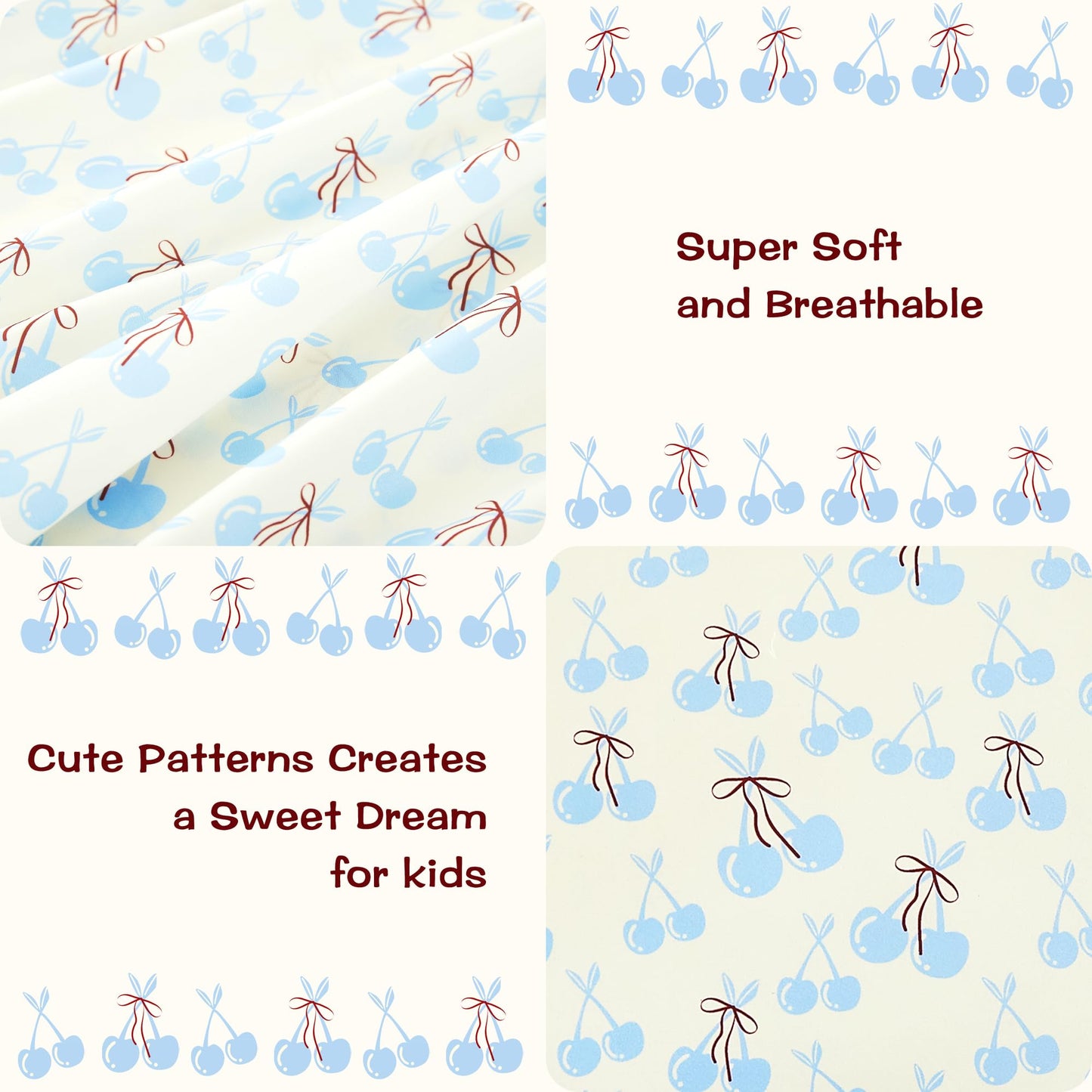 lasoftan Kids Sheet Set Twin Size, Twin Sheet Set with Blue Cherry Pattern，Breathable Silky Soft Microfiber Kids Fitted Sheet