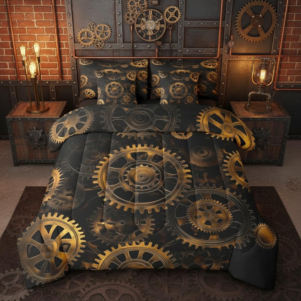 Erosebridal Golden Ndustrial Gear King Comforter Set, Steampunk Style 7-Piece Bed in A Bag, Clocks Theme Sheets and Pillowcases, Retro Mechanical Device Kids Adult Bed Sets