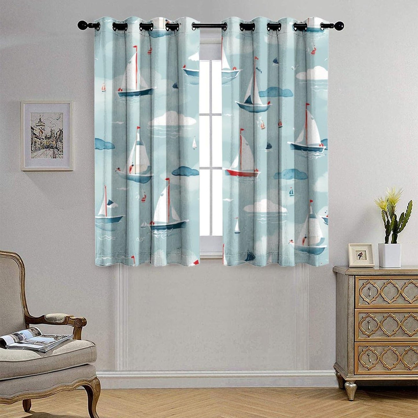 TOWINSFB Cute Cartoon Sailboat Blackout Curtains for Bedroom/Living Room, Funny Ocean Nautical Ship Grommet Curtains Thermal Insulated Window Drapes, 2 Panels, Each 21W x 45L