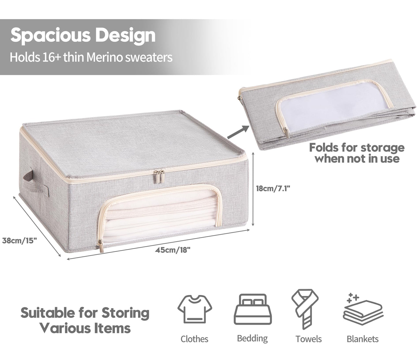 Beveetio 2-Pack Cashmere Sweater Storage Bags with Natural Cedar Blocks, Breathable Clothes Storage Bag with Mesh Window & Handles, Foldable Closet Garment Storage for Cashmere, Wool & Knitwear-Grey
