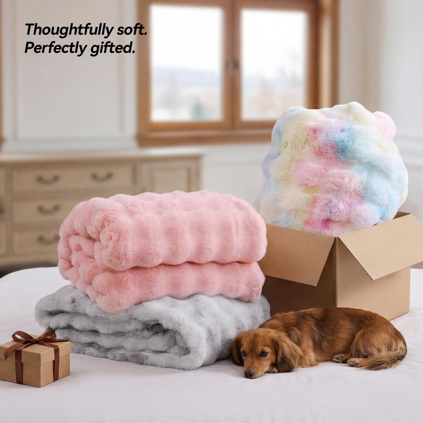 YIKUSH Faux Fur Throw Blanket for Couch, Blush Pink Fluffy Cozy Rabbit Bubble Fleece Blanket, Soft Fuzzy Blanket for Sofa & Bed, Warm Plush Thick Home Room Decor Throw 50" x 60"-1100GSM