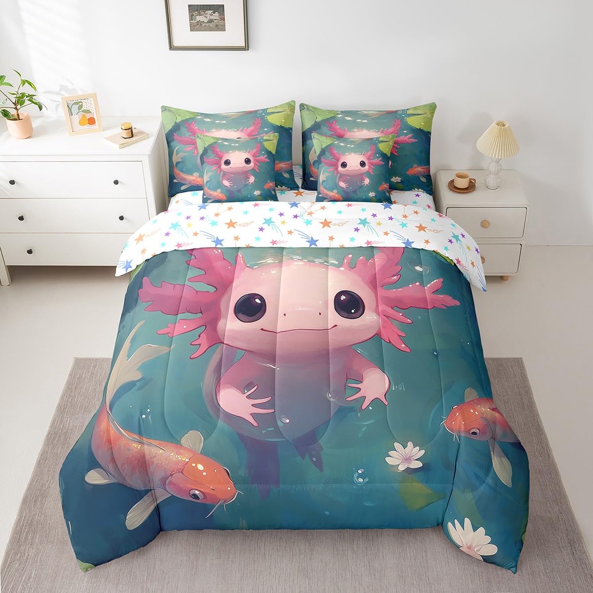 Feelyou Kids Cute Axolotl 7 Pieces Bedding Set Twin Size, Cartoon Salamander Bed in A Bag Ocean Sealife Comforter Set with Sheets Boys Girls Kawaii Animal Teens Bed Set Bedroom Decor 7Pcs