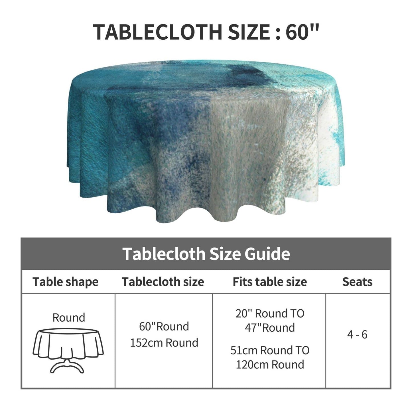 Yilad Teal Grey Abstract Art Painting Round Tablecloth Washable Reusable Decoration Table Cover for Kitchen Party 60"