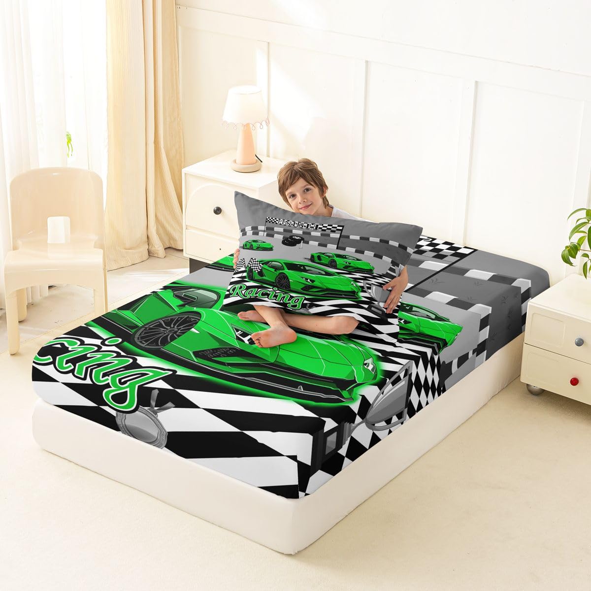Feelyou Boys Race Car Fitted Sheet with 1 Pillowcase Twin Size Speed Sports Car Bed Sheets Set 16" Deep Pocket Boys Girls Racing Extreme Sports Bedding Teens Bedroom Decor Breathable Soft Lightweight