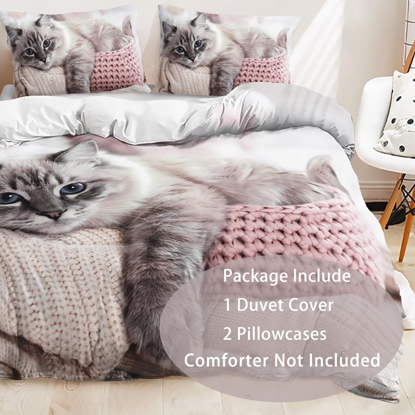 AILONEN Cat Duvet Cover Set, Full Size, Kawaii Pet Animal Cat Lover Comforter Cover Set, 3 Pieces, 1 Quilt Cover and 2 Pillowcases