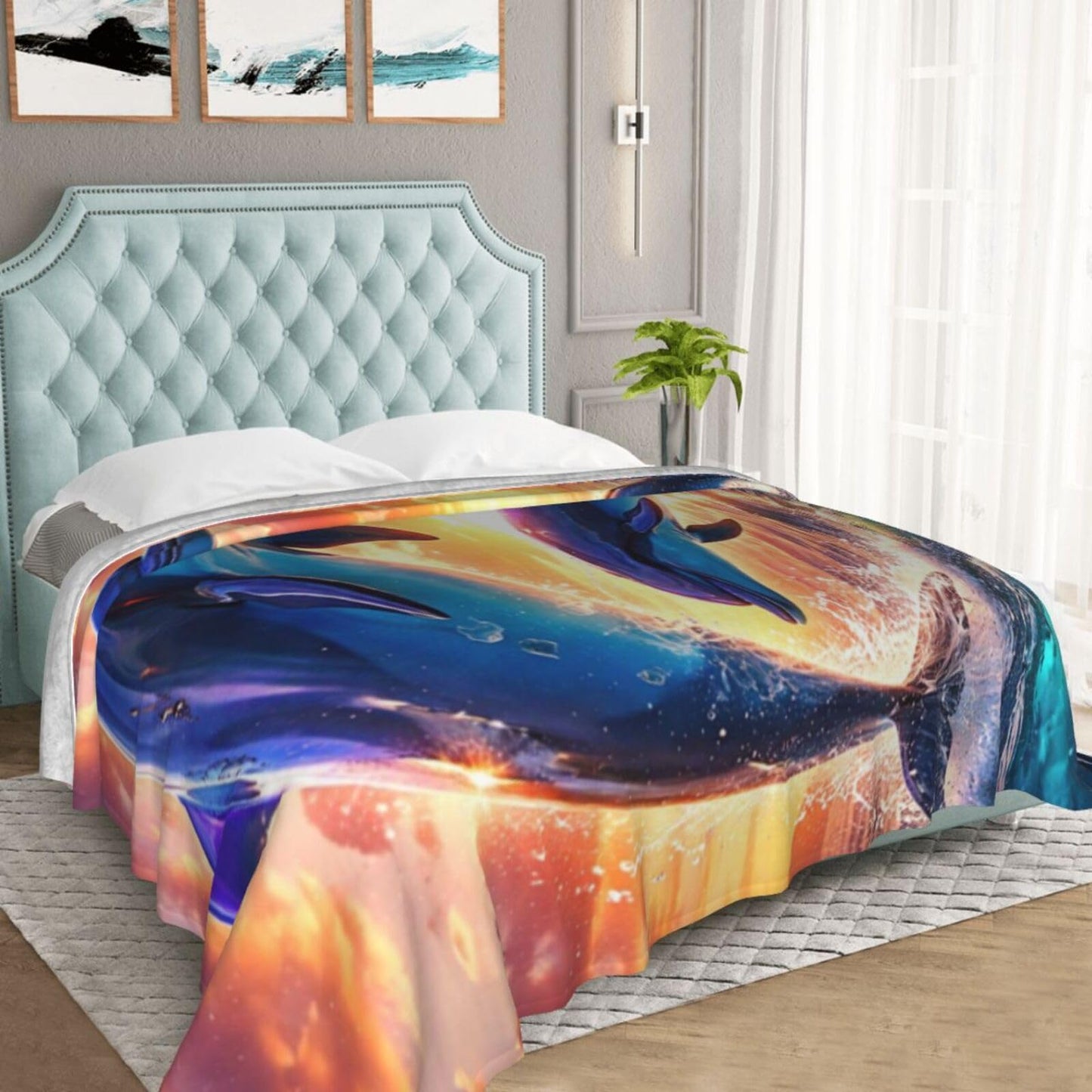 Dolphin Sunset Blanket, Gifts for Women, Ocean Dolphin Theme Soft Lightweight Throw Blankets for Kids Girls, Travel Bed Living Room Decor, 50x60in