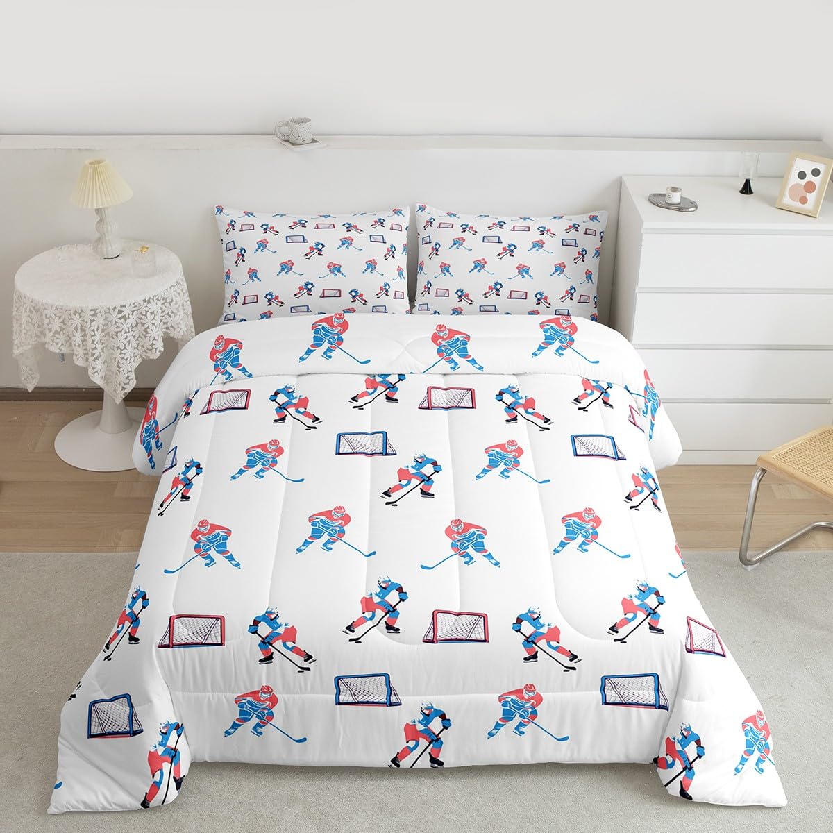 Manfei Hockey Players Kids Comforter Set Queen Size, Bedding Set,Girls Boys Room Decor,Winter Sports Games Quilt Comforter,White Blue Duvet Set Bedroom Quilt Set,2 Pillowcases