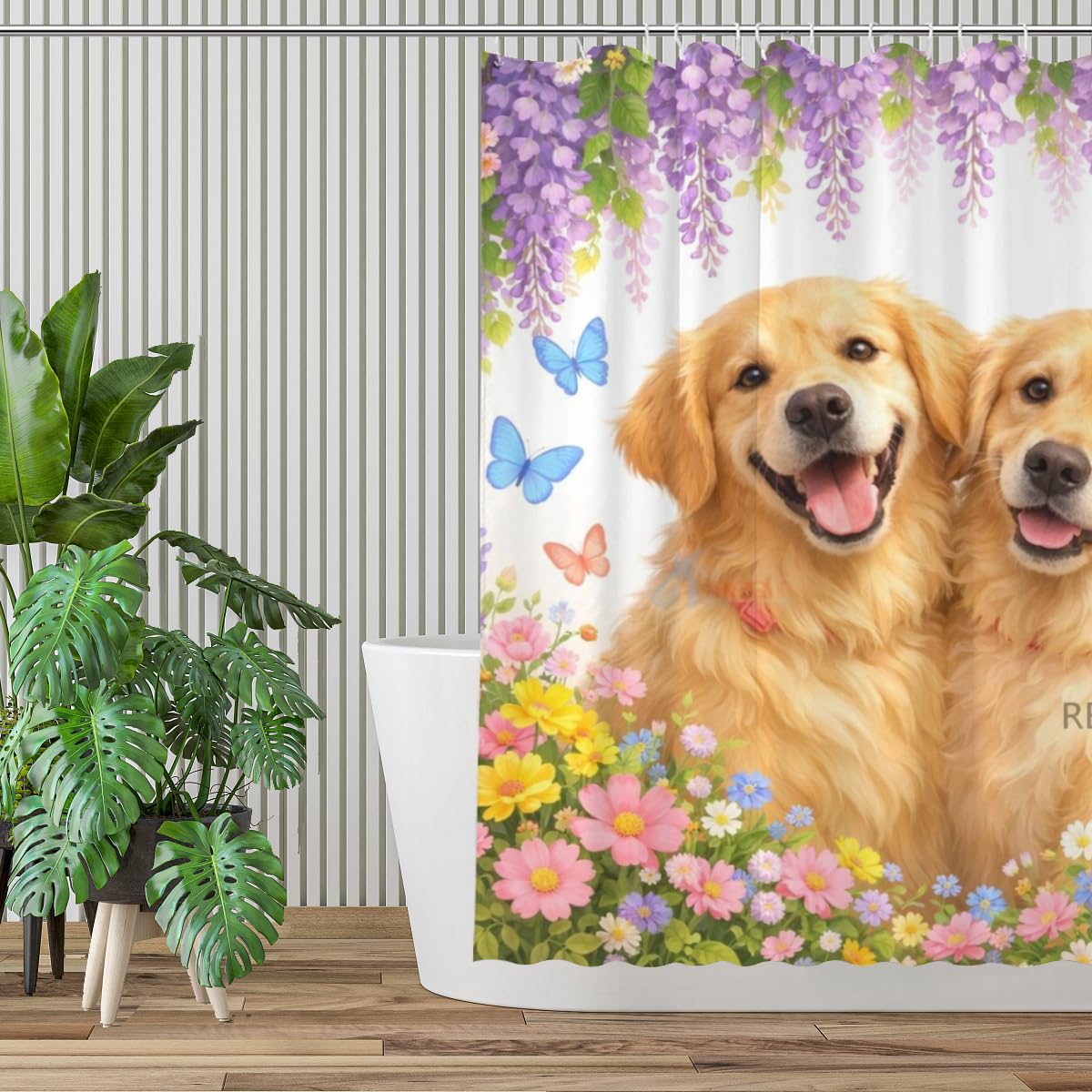 REZHOCH Fun Golden Retriever Shower Curtain 72x72 Inch,Floral Dog Bathroom Decor Spring Summer Garden Flowers Wisteria Rose Butterfly,Cute Animal Waterproof Fabric Bath Set with Hooks